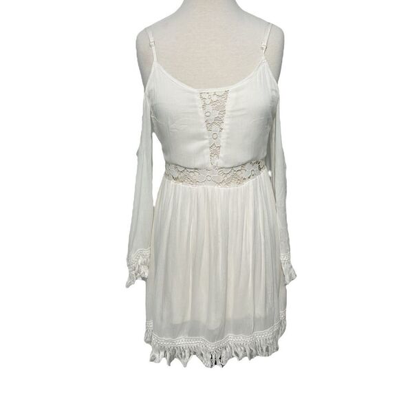 Raga Haley Dress Cold Shoulder Sheer Lace Frayed Mini Gypsy White Cutout Small - Picture 1 of 16